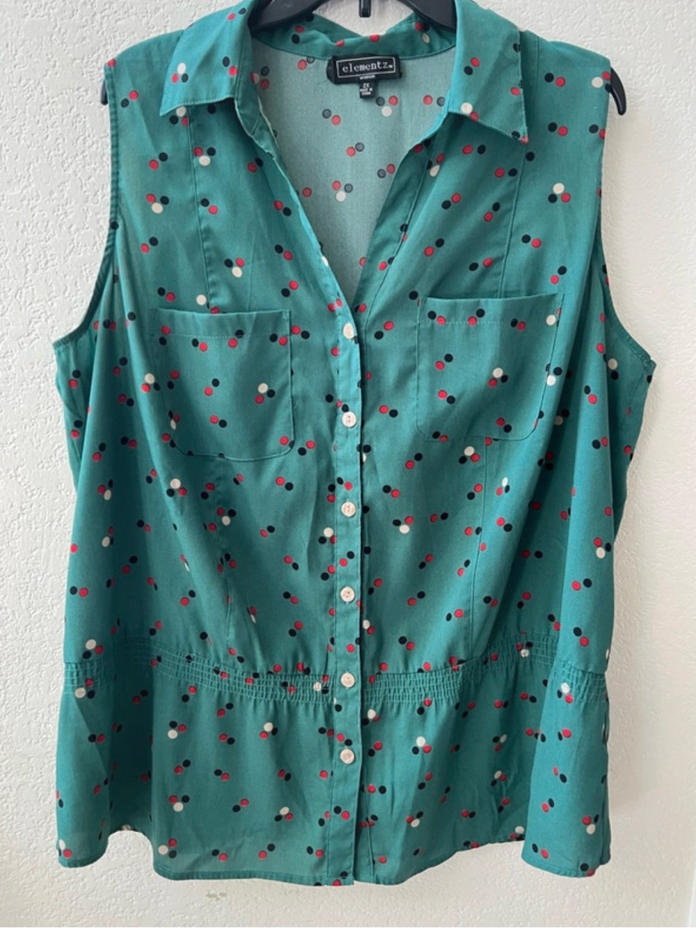 Elementz Teal Sleeveless Button-Front Polka Dot Blouse
